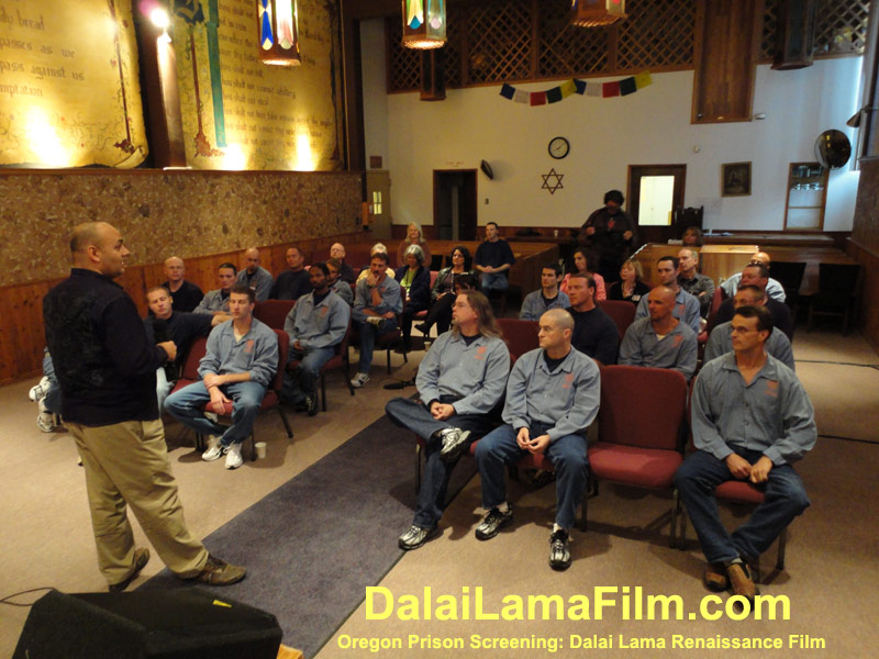 Oregon Prison Inmates speaking with Dalai Lama Renaissance Director Khashyar Darvich after a screening of the film in the prison.