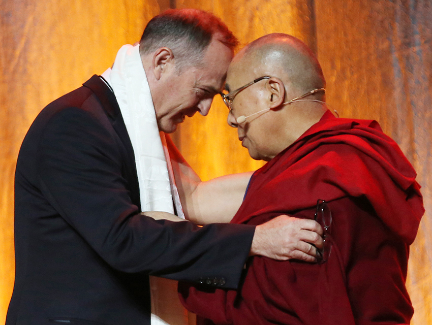 H.H. the Dalai Lama with Anaheim, California Mayor Tom Tait. The City of Anaheim has adopted the name "City of Kindness."
